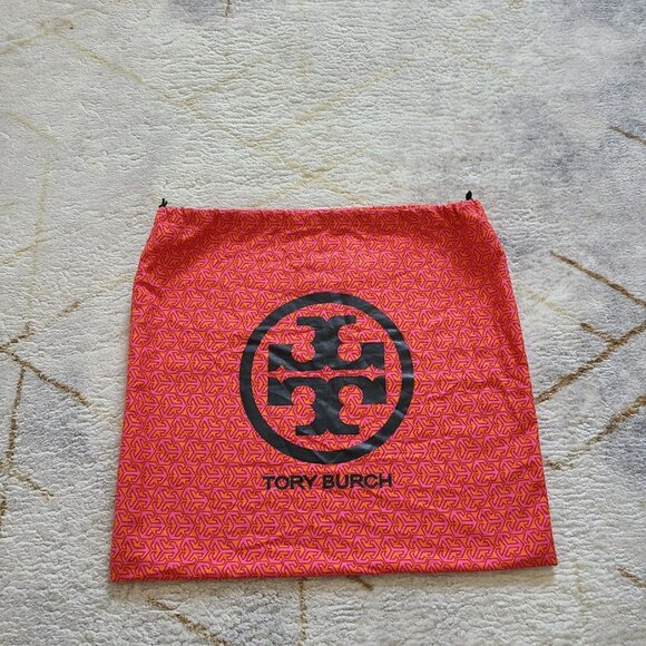 VTG Tori Burch Logo Print Drawstring Dust Bag 14 In x 15 In Orange Pink Cotton - Picture 1 of 5